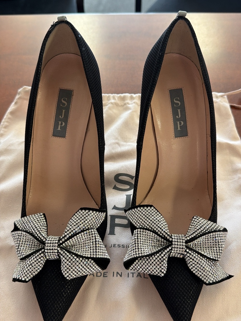 SJP by Sarah Jessica Parker Black Pointed Toe Heels with Crystal Bow